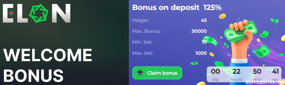 Welcome bonus available for Elon Casino players from Bangladesh